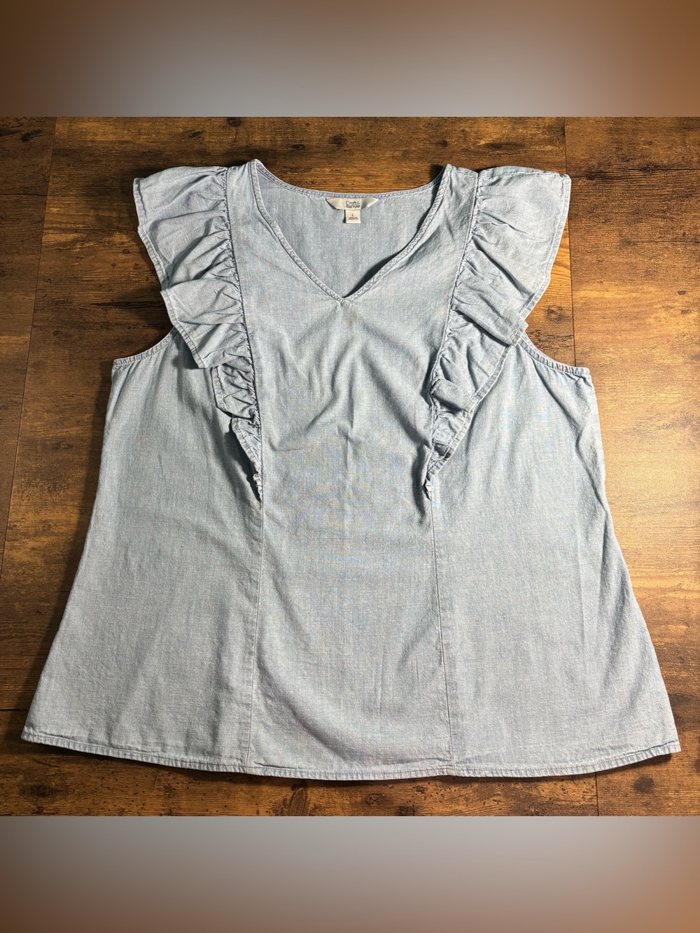 Light Blue Chambray Ruffle V-Neck Sleeveless Top Coquette Soft Girl Coastal L